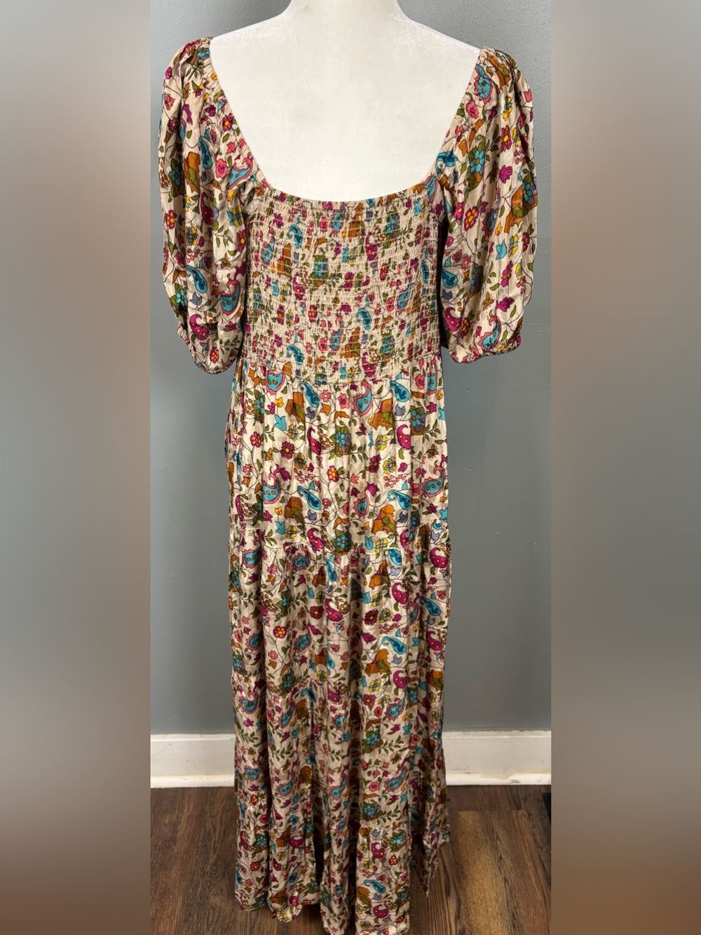 Natural Life Floral Satiny Flowy Stretchy Smocked Tiered Button Down Maxi Dress - Picture 9 of 12